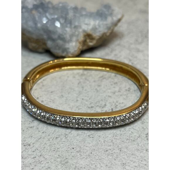 Swarovski Crystal Gold Tone Clamper Bangle signed glam sparkle cuff stacker - Picture 2 of 5